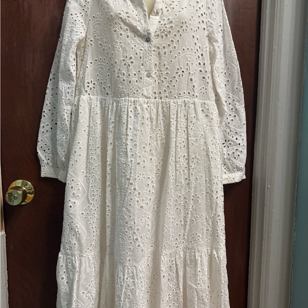 Zara White Long Sleeve Eyelet Dress